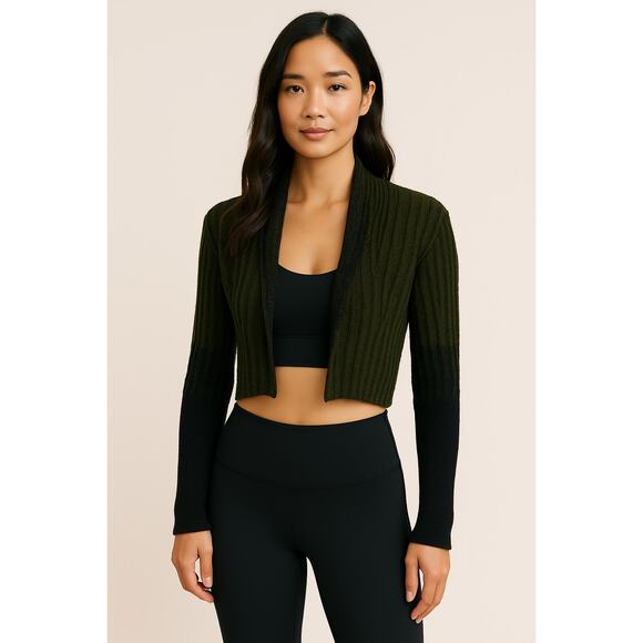 Sarah Pacini Alpaca Blend Green and Black Striped Cropped Cardigan Sweater - Picture 1 of 11